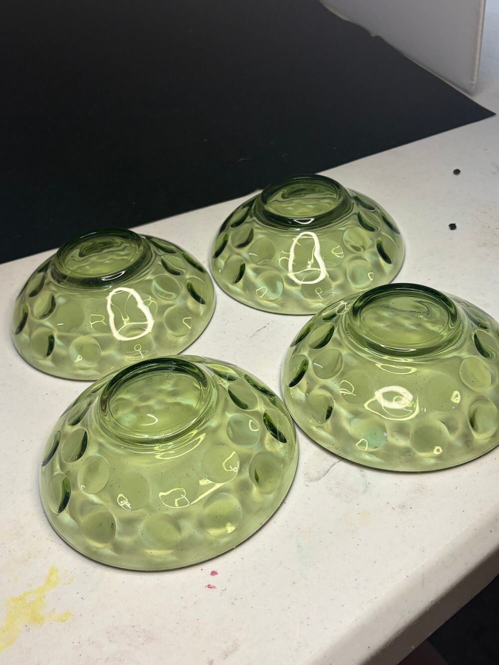 VINTAGE Hazel Atlas Bowls 1960s GREEN Eldorado Fingerprint 4.75” Dessert Set 4